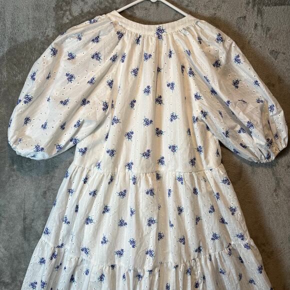 ASOS EDITION Puff Sleeve Midi Dress Ditsy Floral Embroidered White Blue Size‎ 8 - Picture 3 of 9